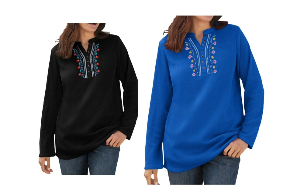 Woman Within Womens 1X Embroidered Thermal Henley Blue And Black Lot Of 2 New